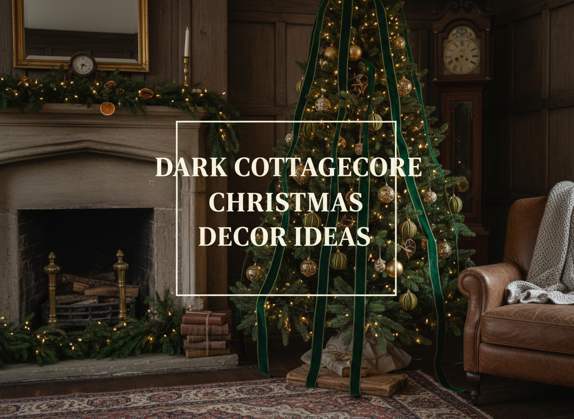 Dark cottagecore Christmas living room with centered title Dark Cottagecore Christmas Decor Ideas