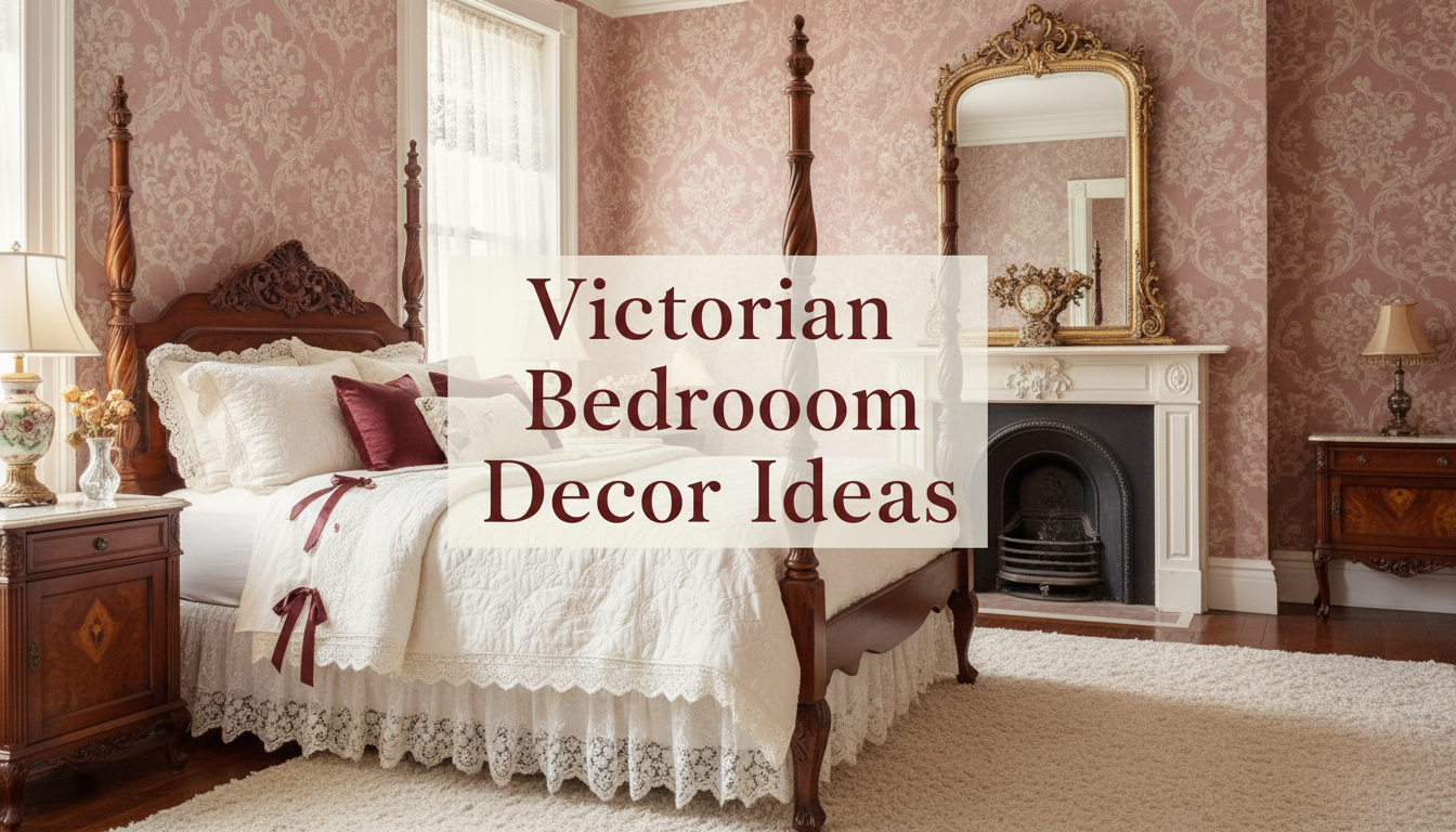 Victorian Bedroom Decor Ideas title centered over a romantic Victorian bedroom with floral wallpaper and antique furniture